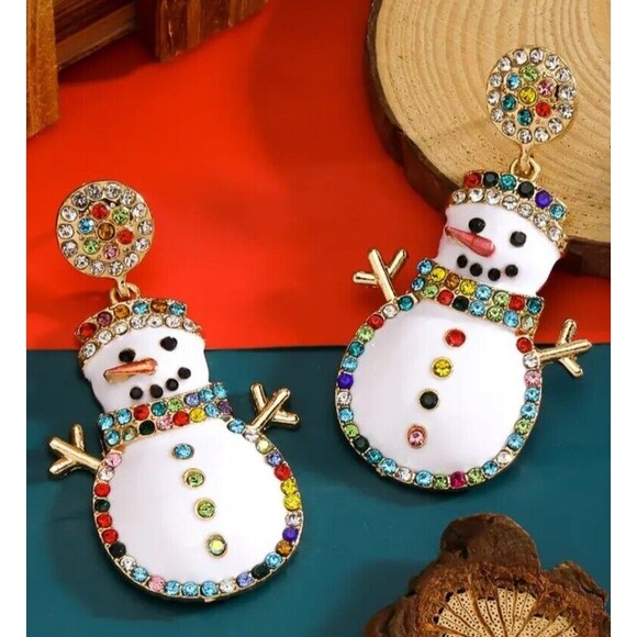 White Enamel Happy Snowman Outlined in Colorful Rhinestones - Picture 4 of 4